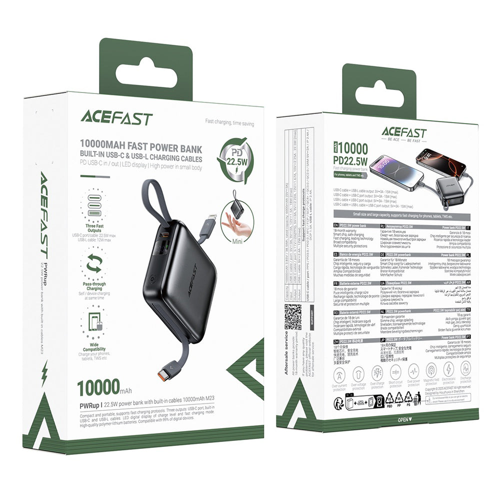 Zunanja baterija Acefast M23, 10000mAh, 22.5W, QC + PD, 1 x Lightning - 2 x USB-C, Siva