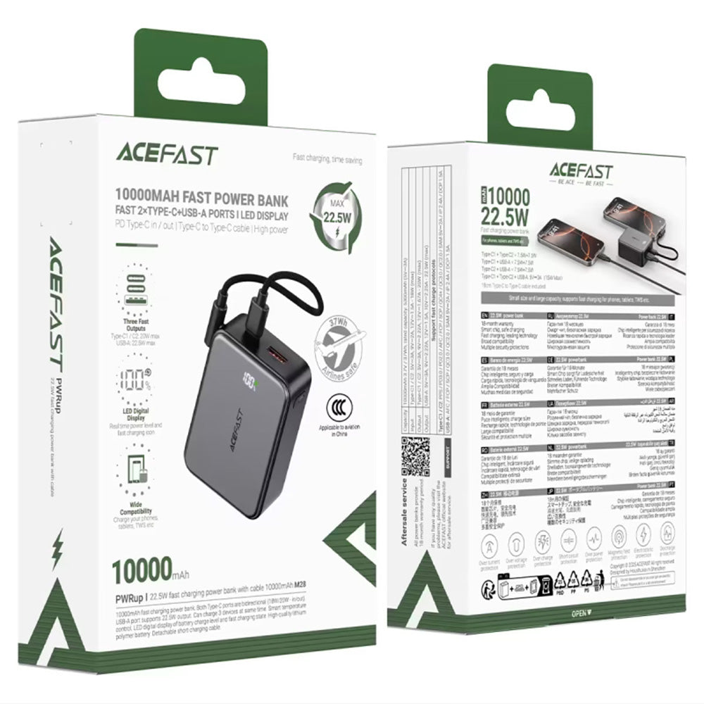 Zunanja baterija Acefast M28, 10000mAh, 22.5W, QC + PD, 1 x USB-A - 2 x USB-C, črna
