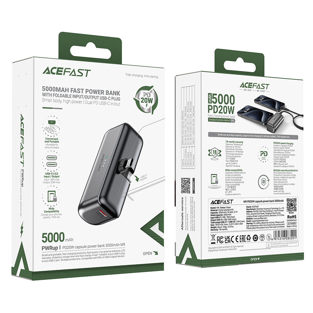 Zunanji akumulator Acefast M9, 5000mAh, 20W, PD, 2 x USB-C, črn