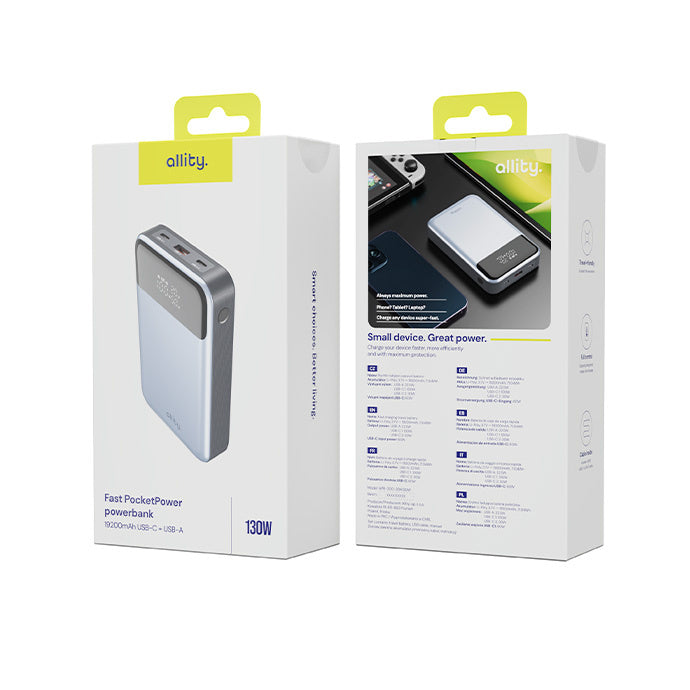 Zunanja baterija Allity. APB-200 PocketPower, 19200mAh, 130W, QC + PD, 1 x USB-A - 2 x USB-C, Siva