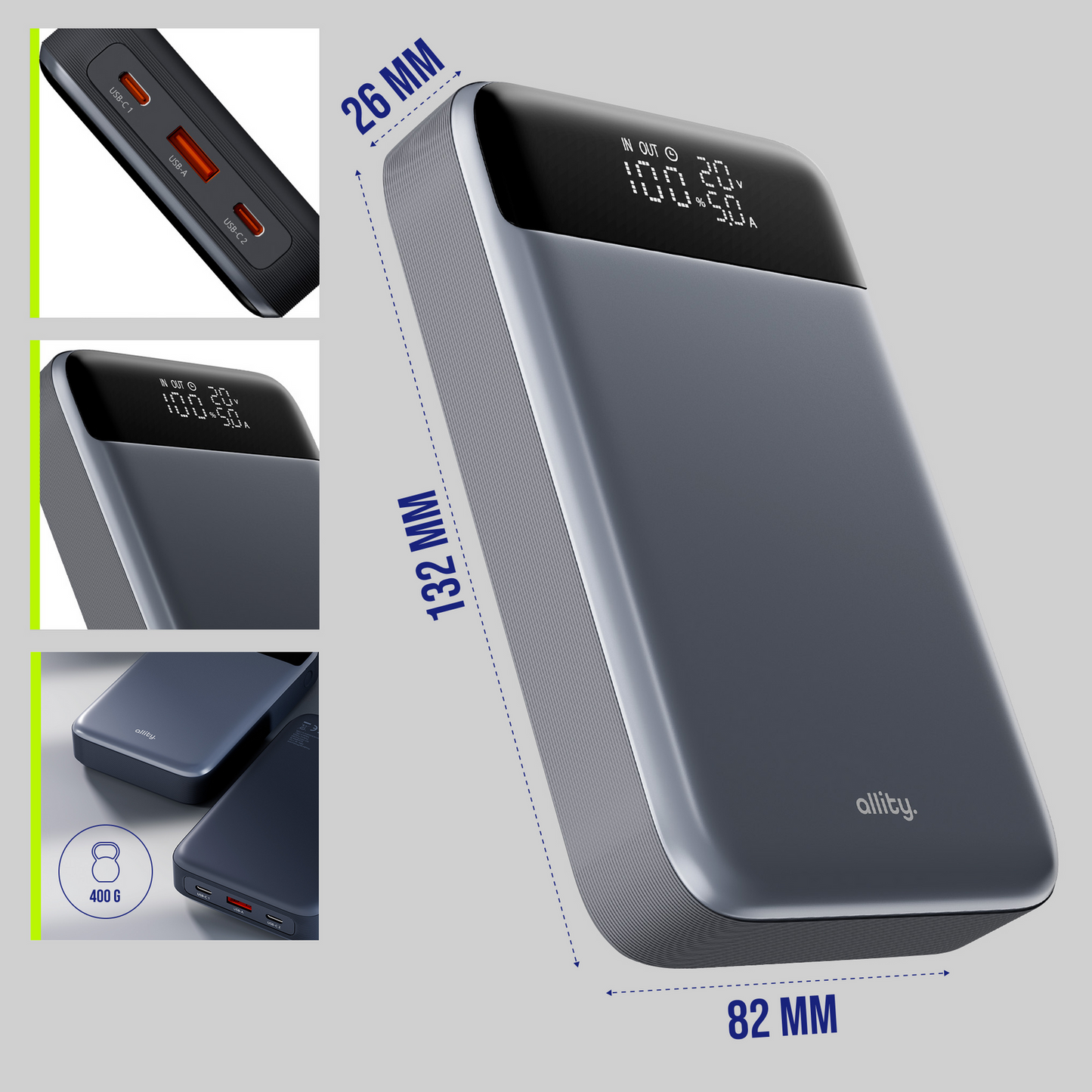 Zunanja baterija Allity. APB-200 PocketPower, 19200mAh, 130W, QC + PD, 1 x USB-A - 2 x USB-C, Siva