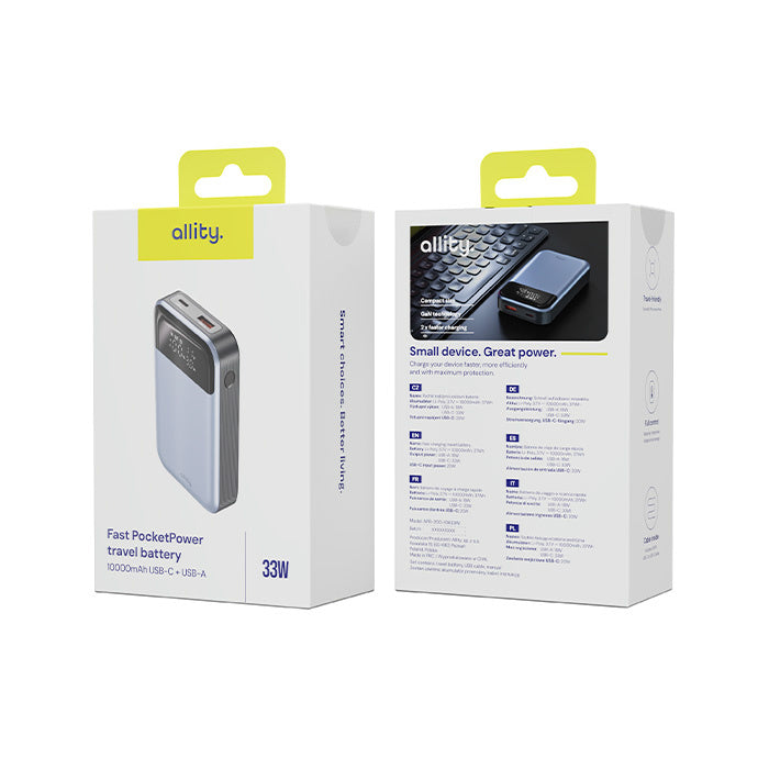 Zunanja baterija Allity. APB-200 PocketPower, 10000mAh, 33W, QC + PD, 1 x USB-A - 1 x USB-C, Siva