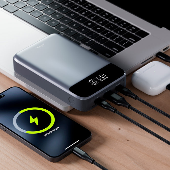 Zunanja baterija Allity. APB-200 PocketPower, 19200mAh, 130W, QC + PD, 1 x USB-A - 2 x USB-C, Siva