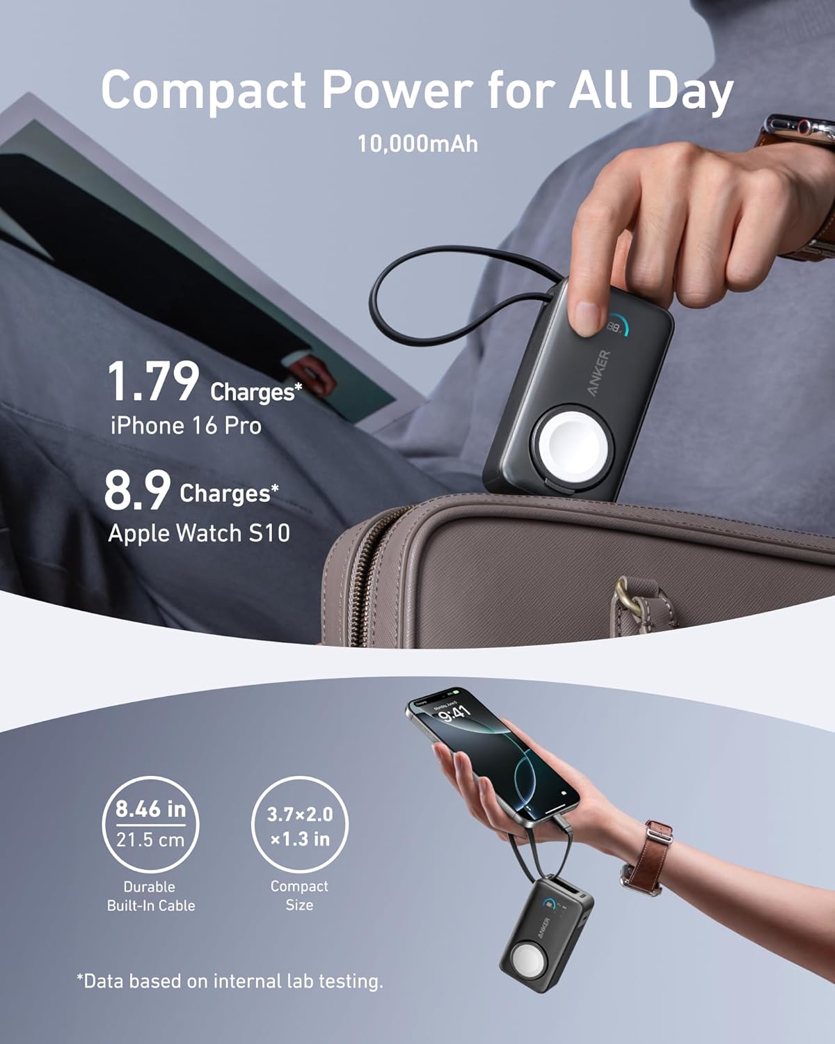 Zunanja baterija Anker MagGo, 10000 mAh, 35 W, PD + QI, 1 x QI - 2 x USB-C, črna A1657011