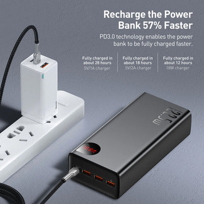 Zunanja baterija Baseus Adaman, 40000mAh, 22.5W, QC + PD, 1 x USB-C - 3 x USB-A, Črna