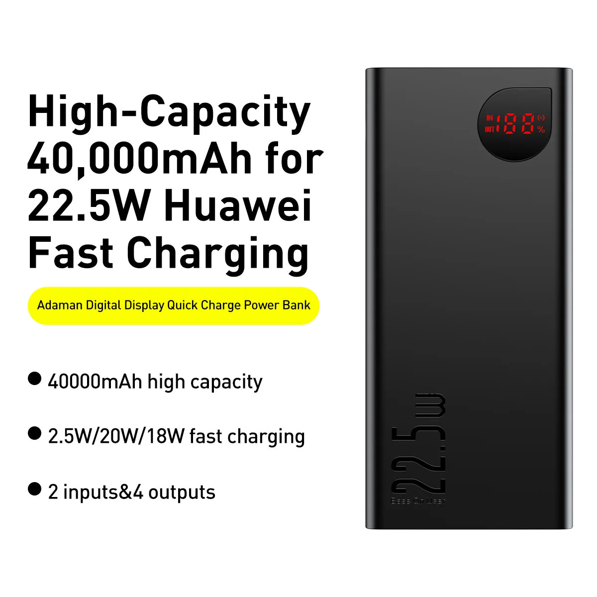 Zunanja baterija Baseus Adaman, 40000mAh, 22.5W, QC + PD, 1 x USB-C - 3 x USB-A, Črna