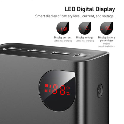 Zunanja baterija Baseus Adaman, 40000mAh, 22.5W, QC + PD, 1 x USB-C - 3 x USB-A, Črna