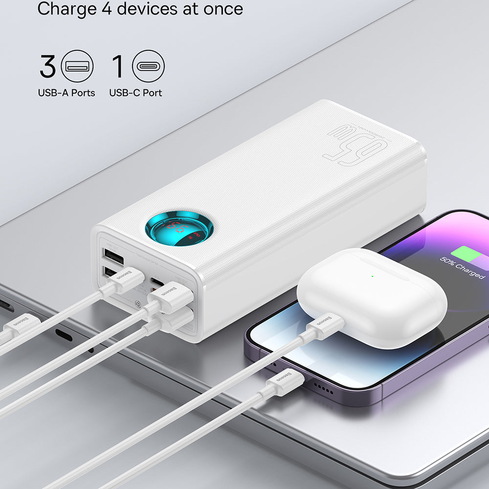 Zunanja baterija Baseus Amblight Digital Display, 26800mAh, 65W, QC + PD, 1 x USB-C - 4 x USB-A, Bela P10022402223-00