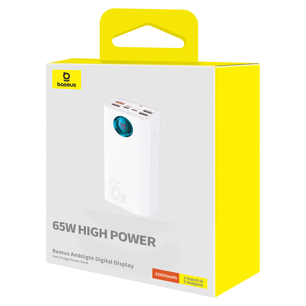 Zunanja baterija Baseus Amblight Digital Display, 26800mAh, 65W, QC + PD, 1 x USB-C - 4 x USB-A, Bela P10022402223-00