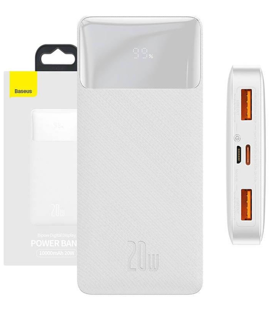 Zunanja baterija Baseus Bipow, 10000mAh, 20W, QC + PD, 1 x USB-C - 2 x USB-A, Bela PPBD050502