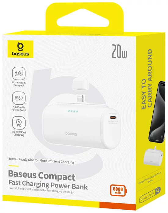 Zunanja baterija Baseus Compact, 5000mAh, 20W, PD, 1 x Lightning - 1 x USB-C, Bela P10068307213-00