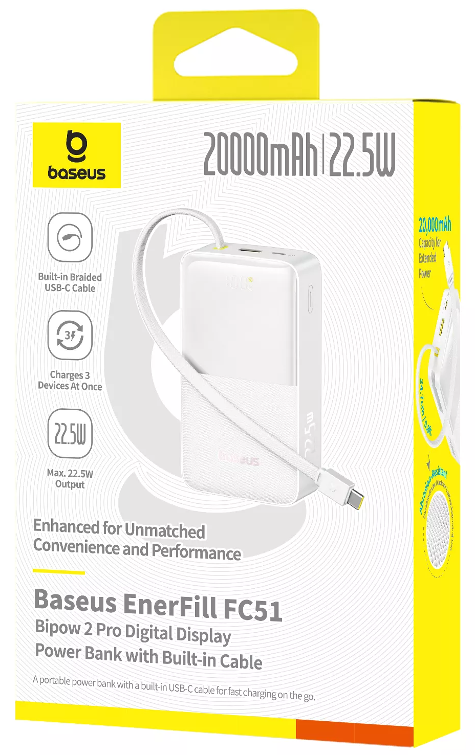 Zunanja baterija Baseus EnerFill Bipow2 Pro, 20000mAh, 22.5W, QC + PD, 1 x USB-A - 2 x USB-C, Bela E0027700