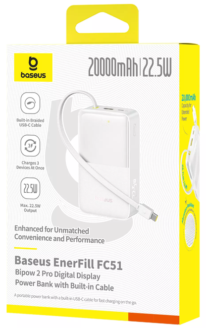 Zunanja baterija Baseus EnerFill Bipow2 Pro, 20000mAh, 22.5W, QC + PD, 1 x USB-A - 2 x USB-C, Bela E0027700