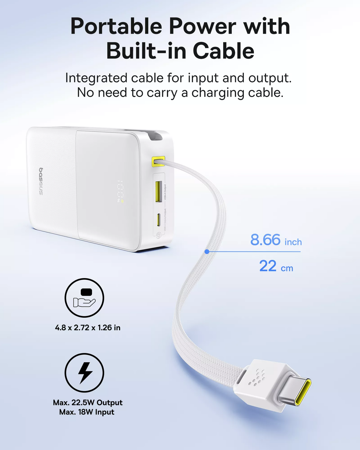 Zunanja baterija Baseus EnerFill Bipow2 Pro, 20000mAh, 22.5W, QC + PD, 1 x USB-A - 2 x USB-C, Bela E0027700