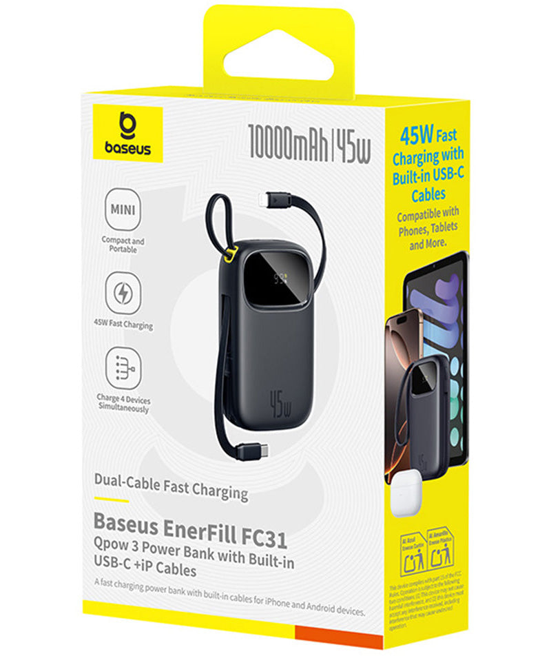 Zunanja baterija Baseus EnerFill FC31 Qpow 3, 10000mAh, 45W, QC + PD, 1 x USB-A - 3 x USB-C, Črna P10082102123-00