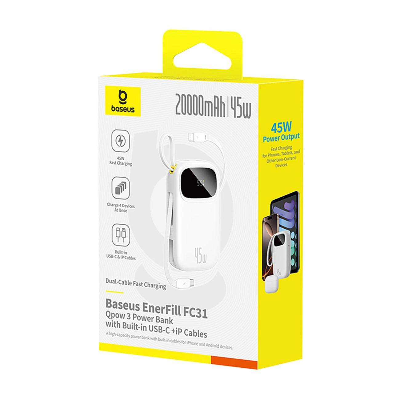 Zunanja baterija Baseus EnerFill FC31, 20000mAh, 45W, QC + PD, 1 x Lightning - 1 x USB-A - 2 x USB-C, Bela E0028D01