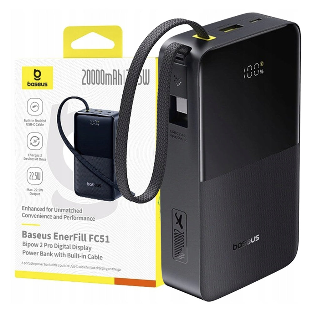 Zunanja baterija Baseus EnerFill Bipow2 Pro, 20000mAh, 22.5W, QC + PD, 1 x USB-A - 2 x USB-C, Črna E0027701