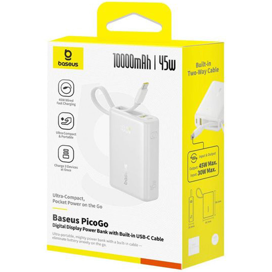Zunanja baterija Baseus PicoGo, 10000mAh, 45W, QC + PD, 1 x USB-A - 2 x USB-C, Bela P10076803213-00