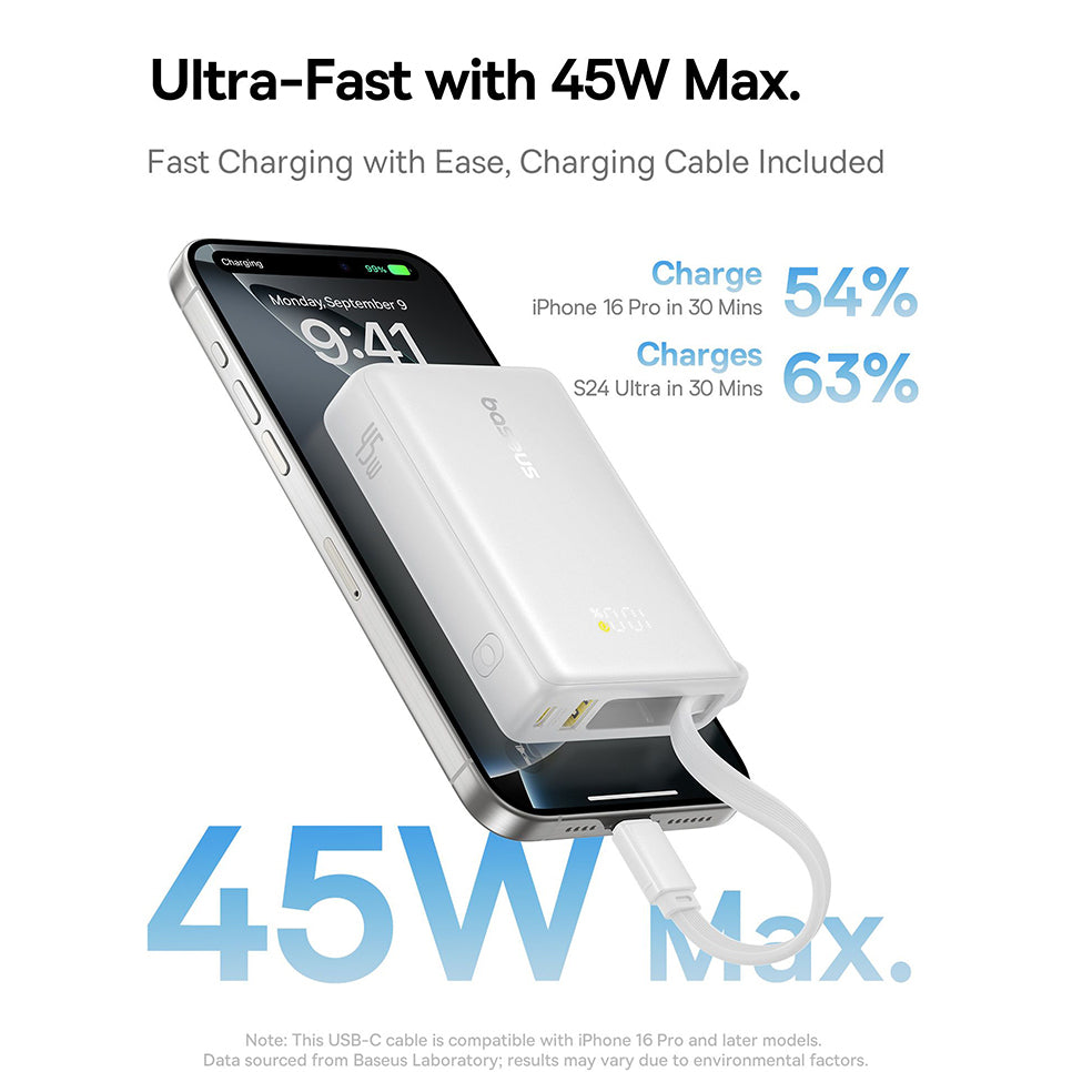 Zunanja baterija Baseus PicoGo, 10000mAh, 45W, QC + PD, 1 x USB-A - 2 x USB-C, Bela P10076803213-00