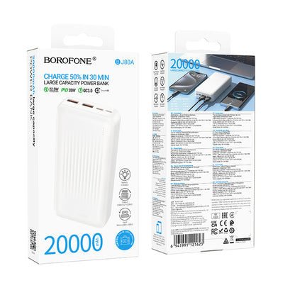 Zunanja baterija Borofone BJ80A Clever, 20000mAh, 22.5W, QC + PD, 1 x USB-C - 2 x USB-A, Bela