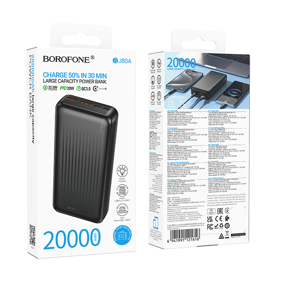 Zunanja baterija Borofone BJ80A Clever, 20000mAh, 22.5W, QC + PD, 1 x USB-C - 2 x USB-A, Črna
