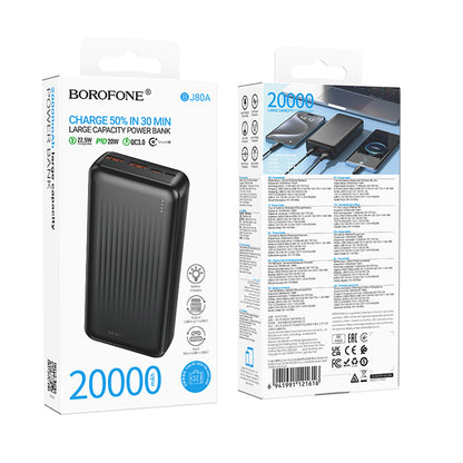 Zunanja baterija Borofone BJ80A Clever, 20000mAh, 22.5W, QC + PD, 1 x USB-C - 2 x USB-A, Črna