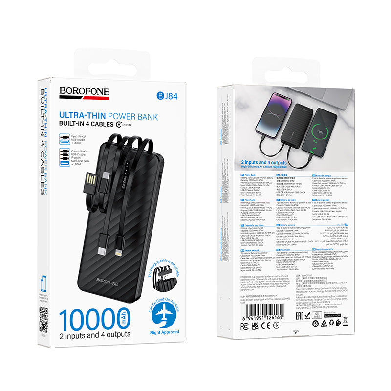 Zunanji akumulator Borofone BJ84 Smooth, 10000mAh, 10W, 1 x Lightning - 1 x microUSB - 1 x USB-A - 1 x USB-C, Črna
