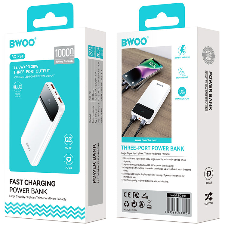 Zunanji akumulator BWOO BO-P34, 10000mAh, 22,5W, QC + PD, 1 x USB-C - 2 x USB-A, bela