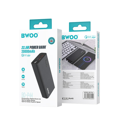 Zunanja baterija BWOO BO-P44, 20000mAh, 22.5W, QC + PD, 1 x USB-C - 2 x USB-A, Črna