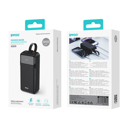Zunanja baterija BWOO BO-P66, 30000mAh, 65W, QC + PD, 1 x USB-C - 2 x USB-A, Črna