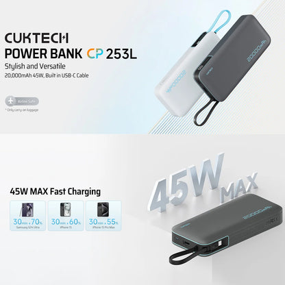 Zunanji akumulator Cuktech LPB200N, 20000mAh, 45W, QC + PD, 1 x USB-A - 2 x USB-C, bela CUKP200NGLLG