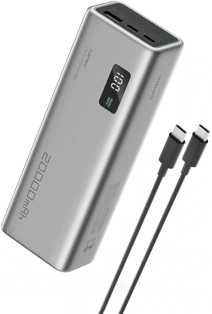 Zunanja baterija Cuktech P+ No.15, 20000mAh, 150W, QC + PD, 1 x USB-A - 2 x USB-C, Siva CUKPB200GLBK