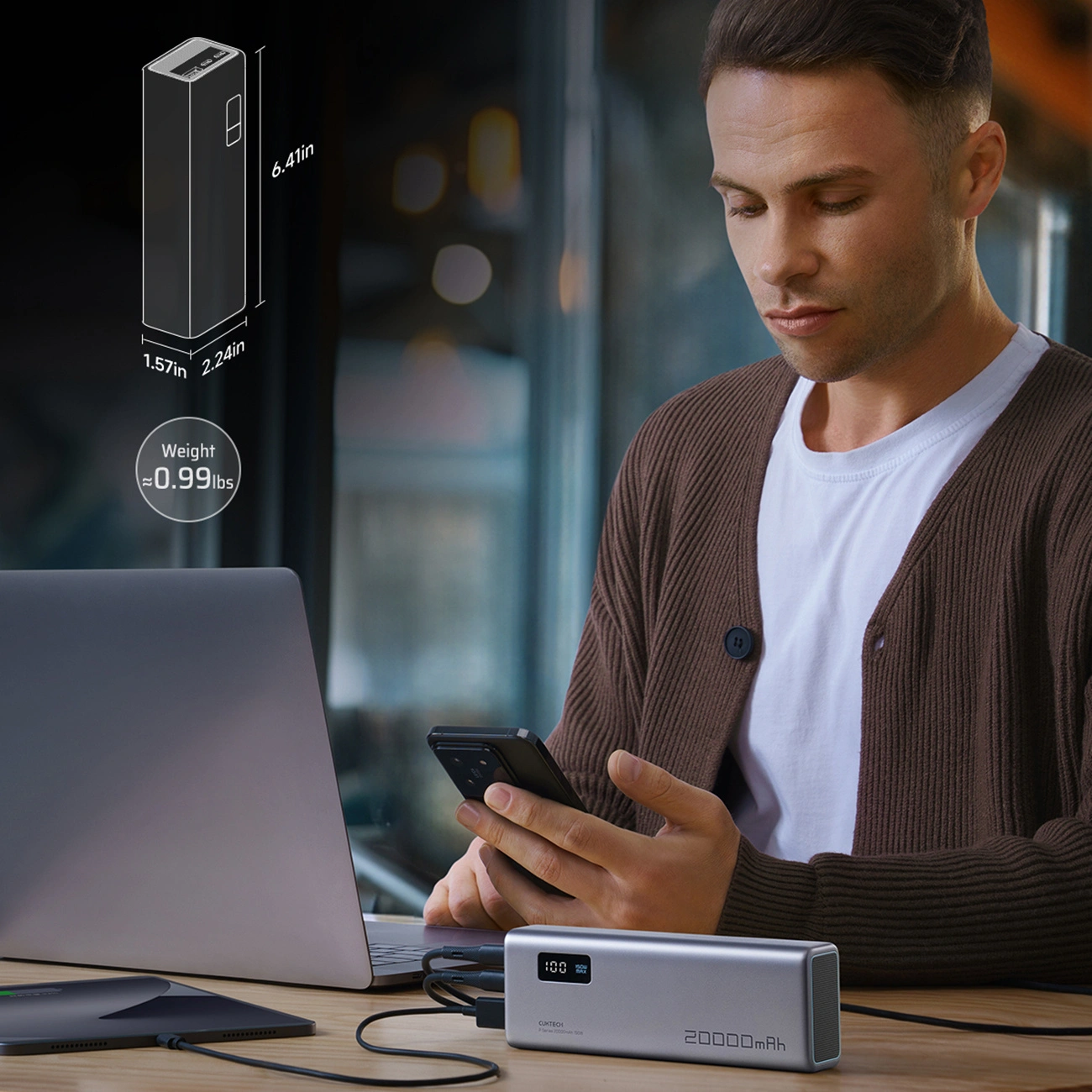 Zunanja baterija Cuktech P+ No.15, 20000mAh, 150W, QC + PD, 1 x USB-A - 2 x USB-C, Siva CUKPB200GLBK