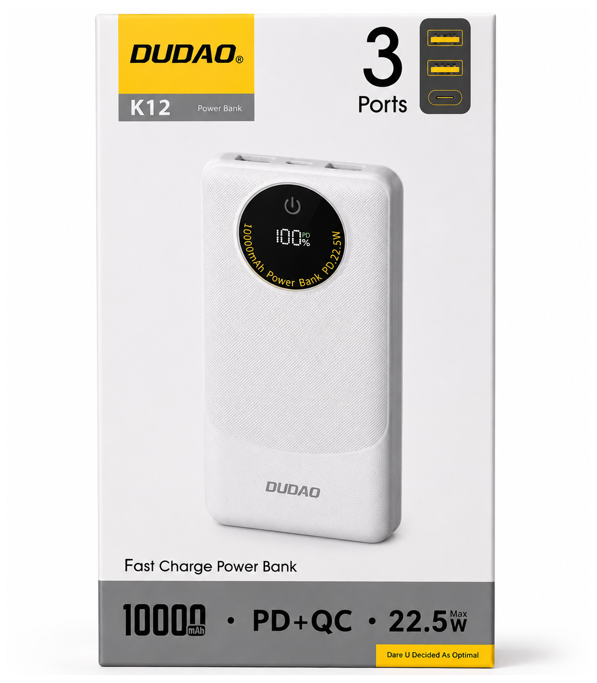 Zunanja baterija Dudao K12, 10000mAh, 22.5W, QC + PD, 1 x USB-C - 2 x USB-A, Bela