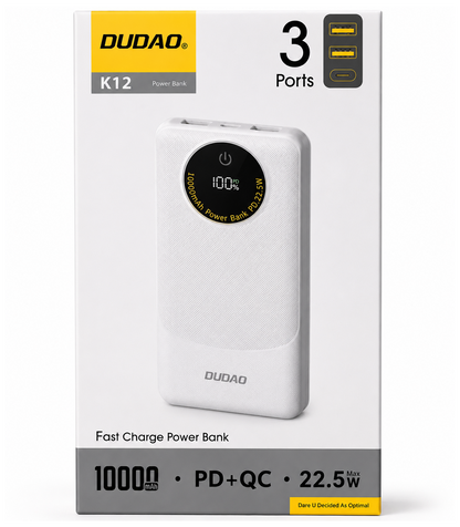 Zunanja baterija Dudao K12, 10000mAh, 22.5W, QC + PD, 1 x USB-C - 2 x USB-A, Bela