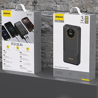Zunanja baterija Dudao K12, 10000mAh, 22.5W, QC + PD, 1 x USB-C - 2 x USB-A, Črna