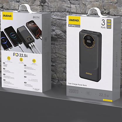 Dudao K12Pro External Battery, 20000mAh, 22.5W, QC + PD, 1 x USB-C - 2 x USB-A, Black