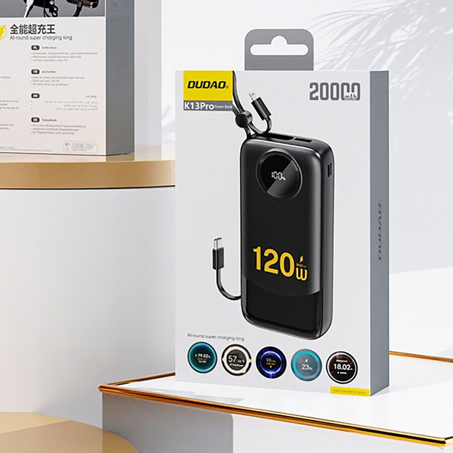 Zunanja baterija Dudao K13, 10000mAh, 22.5W, QC + PD, 1 x Lightning - 1 x USB-A - 2 x USB-C, Črna
