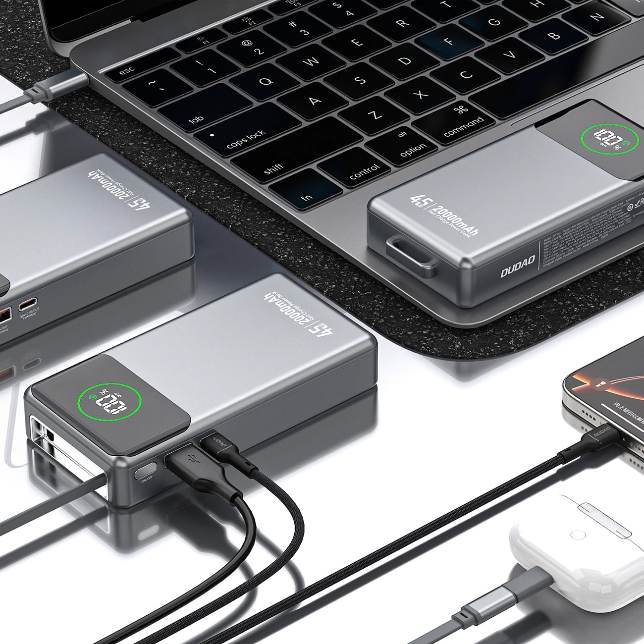Zunanji akumulator Dudao K31 Pro, 20000mAh, 45W, QC + PD, 1 x USB-A - 2 x USB-C, Siva