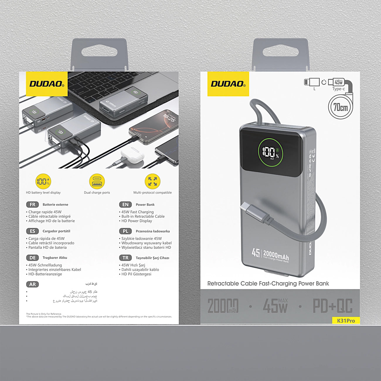 Zunanji akumulator Dudao K31 Pro, 20000mAh, 45W, QC + PD, 1 x USB-A - 2 x USB-C, Siva