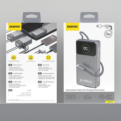 Zunanji akumulator Dudao K31 Pro, 20000mAh, 45W, QC + PD, 1 x USB-A - 2 x USB-C, Siva