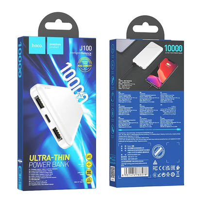 External Battery HOCO J100, 10000mAh, 10W, 2 x USB-A, White
