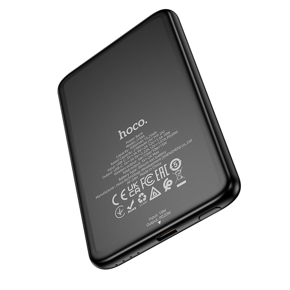 Zunanji akumulator HOCO Wireless J140A, 5000mAh, 20W, PD + QI, 1 x USB-C, Črn