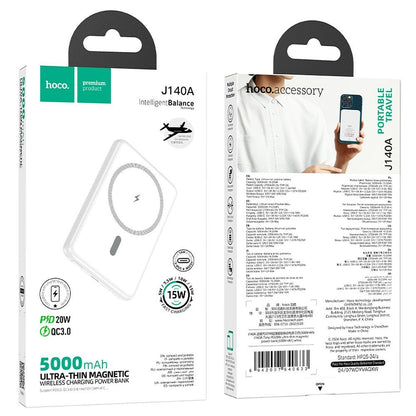 Brezžična zunanja baterija HOCO J140A, 5000mAh, 20W, PD + QI, 1 x USB-C, Bela