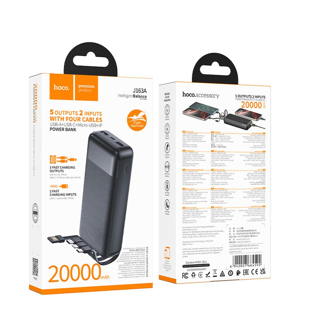 Zunanja baterija HOCO J163A, 20000 mAh, 10 W, 1 × Lightning – 1 × microUSB – 1 × USB-C – 2 × USB-A, črna