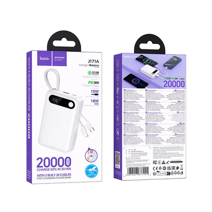 Zunanji akumulator HOCO J171A, 20000mAh, 22,5W, QC + PD, 1 x Lightning - 1 x USB-A - 2 x USB-C, Bela