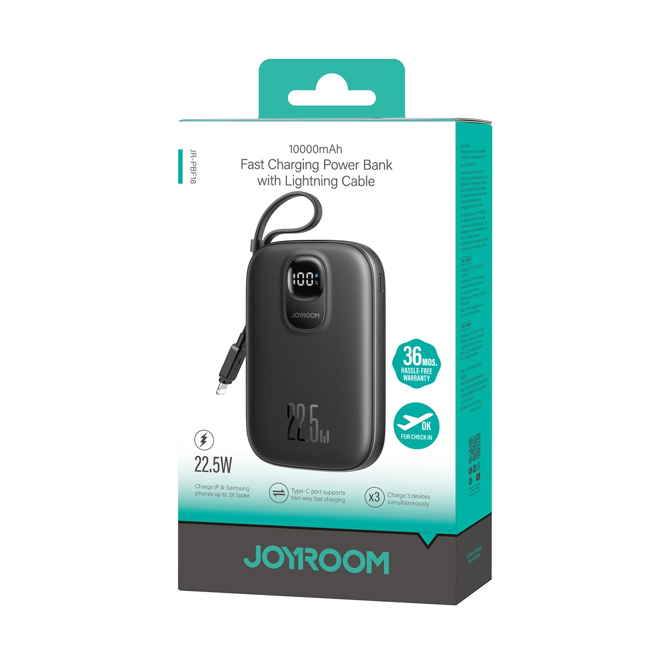 Zunanja baterija Joyroom JR-PBF18, 10000mAh, 22.5W, QC + PD, 1 x Lightning - 1 x USB-A - 1 x USB-C, Črna