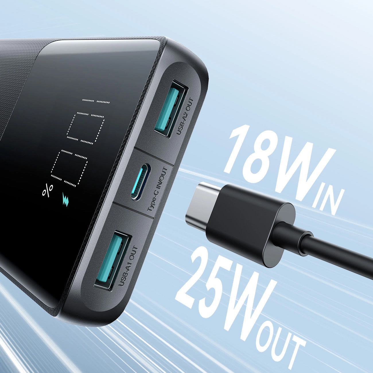 Zunanja baterija Joyroom JR-PBF20, 10000mAh, 25W, QC + PD, 1 x USB-C - 2 x USB-A, Črna