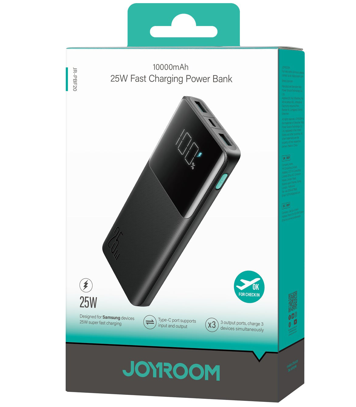 Zunanja baterija Joyroom JR-PBF20, 10000mAh, 25W, QC + PD, 1 x USB-C - 2 x USB-A, Črna