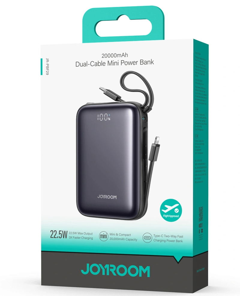 Zunanja baterija Joyroom JR-PBF29, 20000mAh, 22.5W, QC + PD, 1 x Lightning - 2 x USB-C, Črna